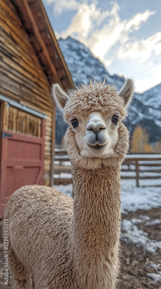 Obraz premium A charming alpaca stands close to a modern barn, its soft wool glowing in the warm afternoon light. Majestic mountains rise in the background as nature embraces the moment