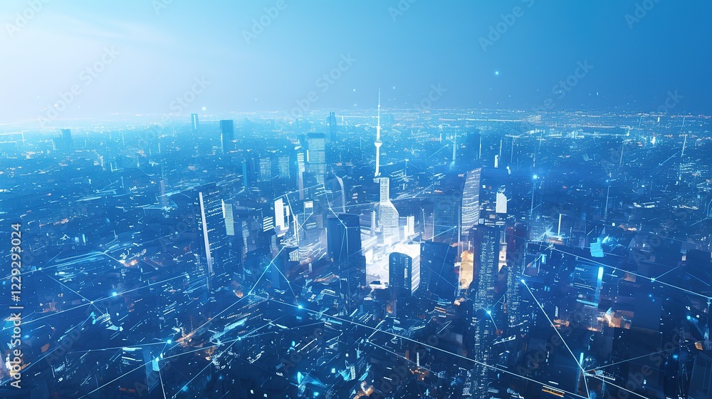 Obraz premium 3D Rendering of digital City. Digital transformation and computing concept Holographic city. 3D illustration