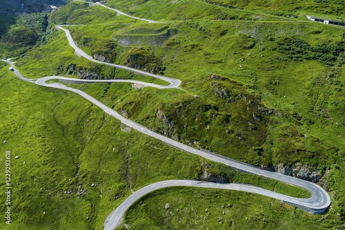 Aerial photo of mountain pass road Oberalppass, Canton Graubünden, Switzerland, Europe photo