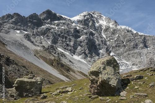 Ortler, 3905 m, from the Morosini Trail, trail No.3,next to it the Schückrinne, Marltgrat right, left Hintergrat, Solda, region of Trentino-Alto Adige, Italy, Europe photo