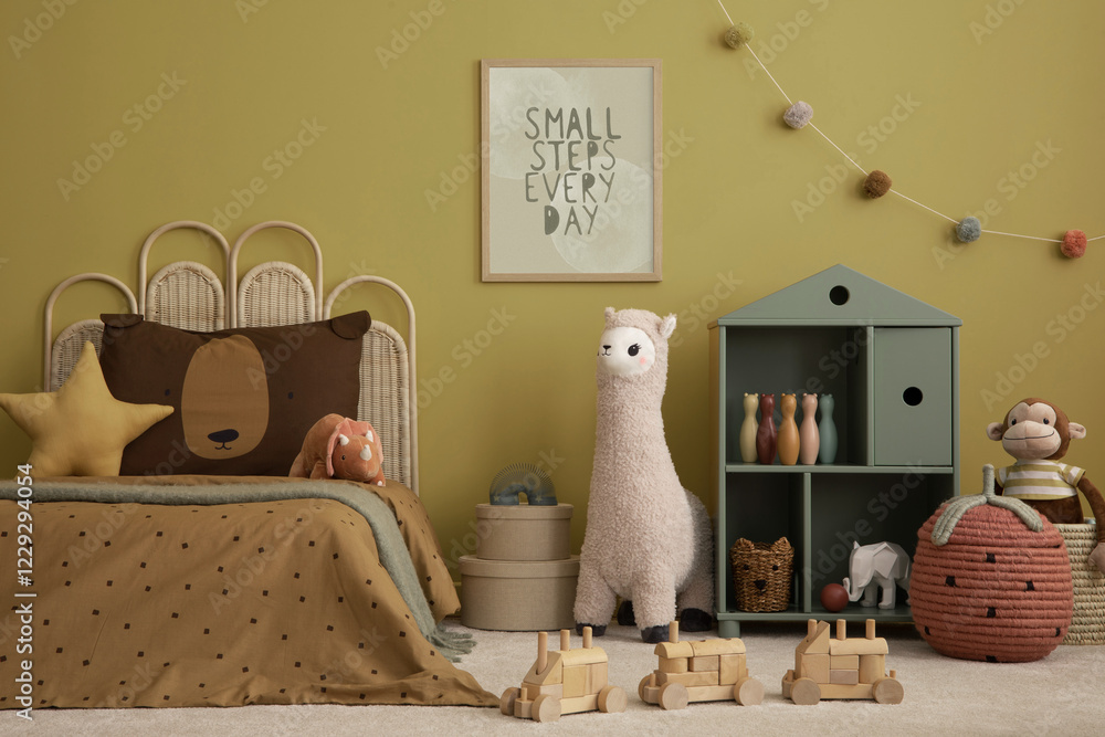 Φωτογραφία Yellow kids room interior with mock up poster frame, braided bed, green shelf, plush lampa, monkey, guitar, brown bedding, rug, basket, colorful toys and personal accessories