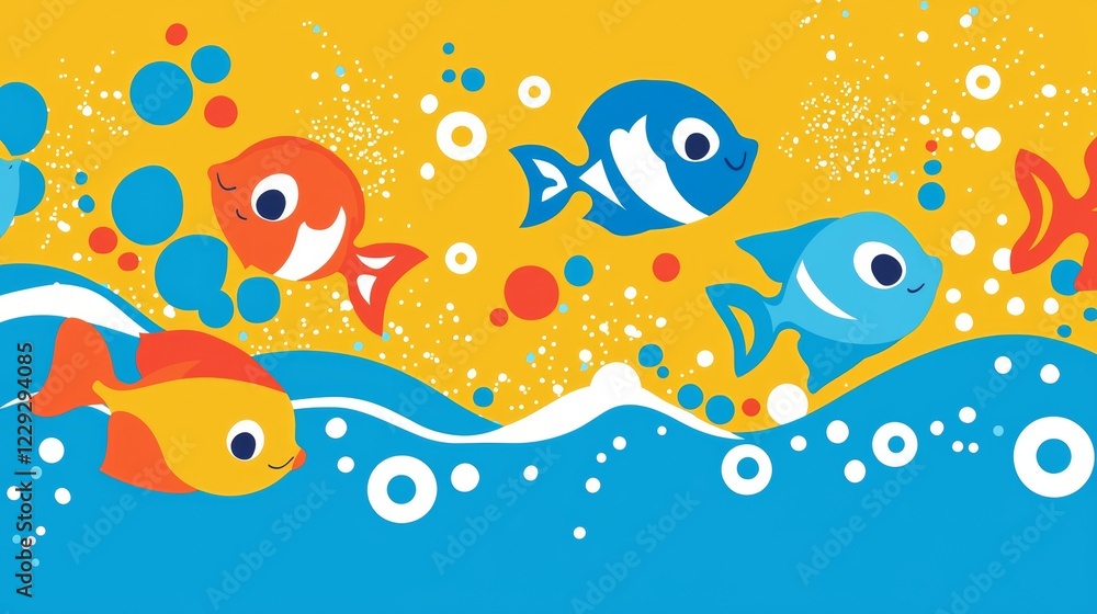 Colorful cartoon fish swimming in a vibrant underwater scene with bubbles and waves in a playful setting. Generative AI Colorful cartoon fish swimming in a vibrant underwater scene with bubbles and waves in a playful setting. Generative AI