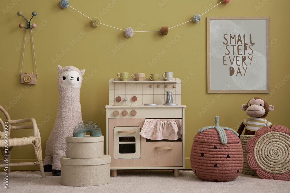 Φωτογραφία Aesthetic composition of warm living room interior with mock up poster frame, children kitchen, round boxes, braided baskets, yellow wall, garland and personal accessories