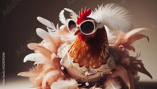 A hi-res studio shot of a hen in sunglasses gracefully taking her place on the runway with an exquisite feather on her dress