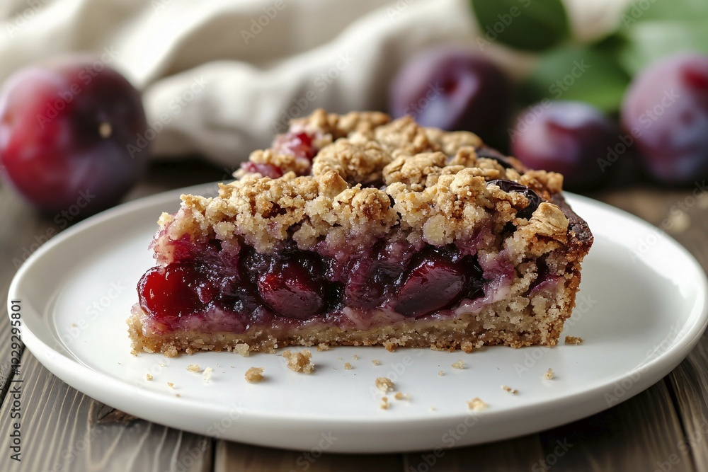 Slice of plum pie with crumbles topping on plate. Generative AI, AI generated Slice of plum pie with crumbles topping on plate. Generative AI, AI generated