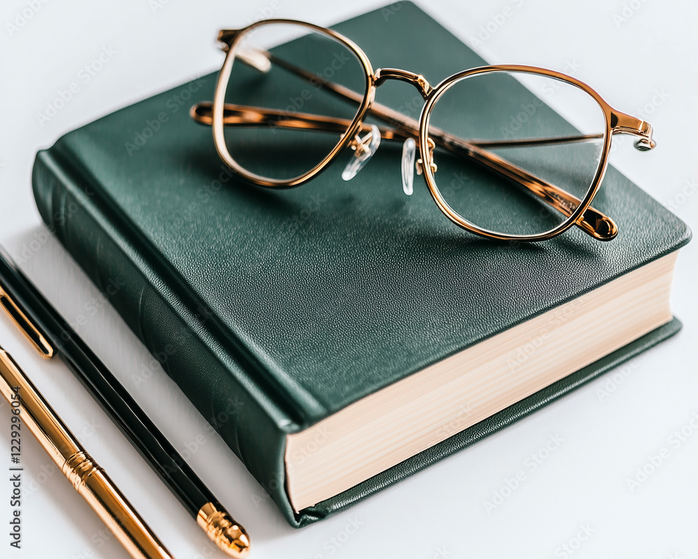 Macro image of folded glasses on a closed notebook, emphasizing fine details and craftsmanship. Macro image of folded glasses on a closed notebook, emphasizing fine details and craftsmanship.