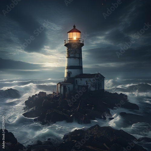 Abandoned lighthouse with an unlit beacon on a tumultuous sea, AI generated photo