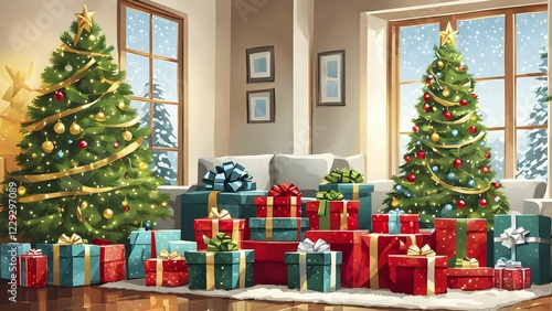 Abstract illustration of wrapped Christmas gifts, shiny ribbons and bows, stacked under a evergreen tree in a cozy living room, AI generated