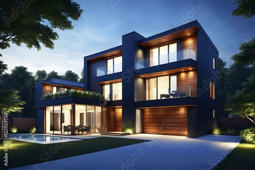 Three dimensional rendering of an illuminated modern ecological real estate residential house  AI generated