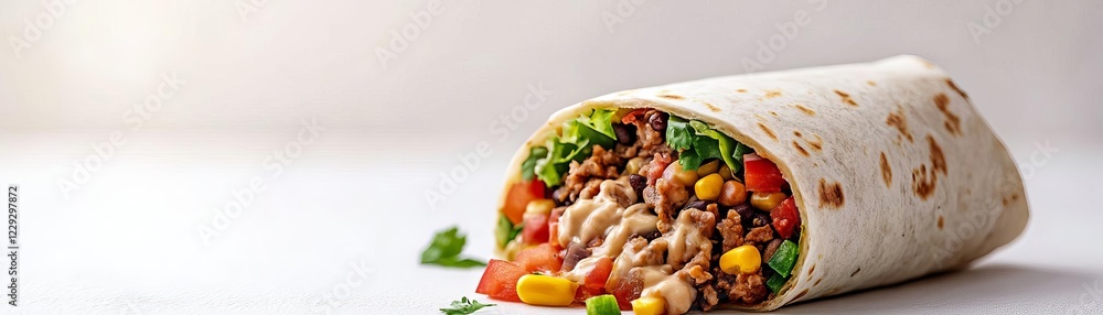 A burrito cut open with fillings spilling out, artistic and detailed, isolated on white background A burrito cut open with fillings spilling out, artistic and detailed, isolated on white background
