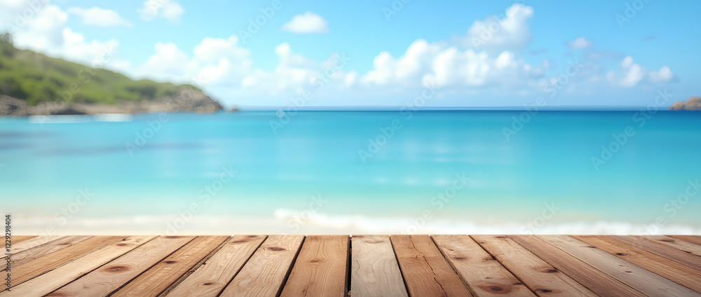 Wooden table on the background of the sea, island and the blue sky. High quality photo Wooden table on the background of the sea, island and the blue sky. High quality photo