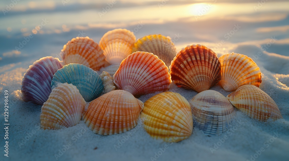 Scattered colorful scallop shells and starfish spread across pristine white sand. Soft sunlight illuminates natural textures of ocean treasures in macro beach photography. Scattered colorful scallop shells and starfish spread across pristine white sand. Soft sunlight illuminates natural textures of ocean treasures in macro beach photography.