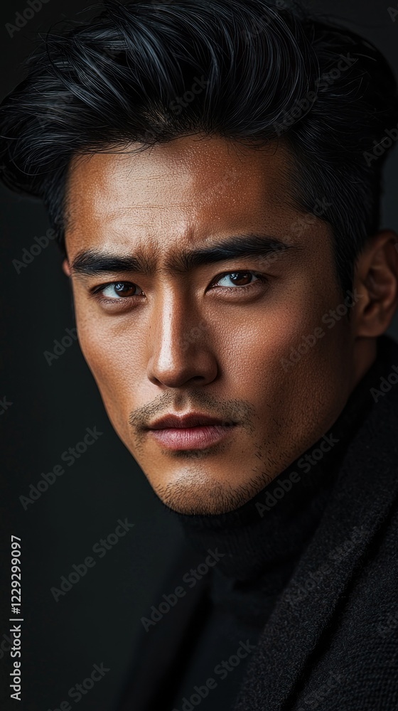 A multiethnic man showcases a sleek hairstyle and bold expression, embodying modern fashion trends in an elegantly lit environment. The atmosphere captures urban sophistication and charisma A multiethnic man showcases a sleek hairstyle and bold expression, embodying modern fashion trends in an elegantly lit environment. The atmosphere captures urban sophistication and charisma