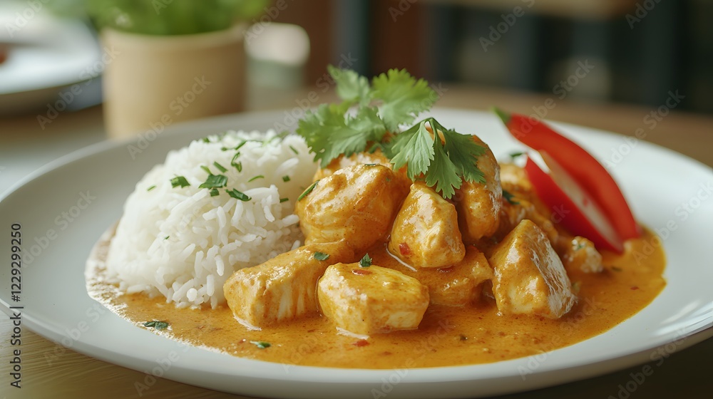 Tender chicken chunks in rich orange curry sauce rest on fluffy white jasmine rice. Fresh cilantro garnish adorns white ceramic plate in appetizing food photography presentation. Tender chicken chunks in rich orange curry sauce rest on fluffy white jasmine rice. Fresh cilantro garnish adorns white ceramic plate in appetizing food photography presentation.
