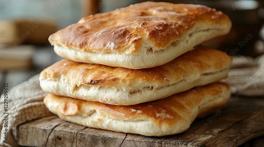 A stack of freshly baked bread on a rustic wooden counter picture A stack of freshly baked bread on a rustic wooden counter picture