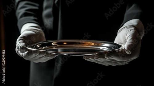 Luxury hospitality service detail, immaculate white gloved gesture, gleaming silver platter presentation, dramatic chiaroscuro lighting, professional butler aesthetic, refined metallic reflections,