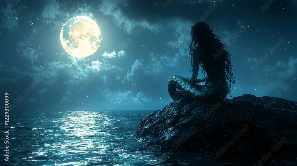 A serene moonlit night with a mermaid gazing at the glowing full moon over the calm ocean, evoking a sense of mystique and wonder. A serene moonlit night with a mermaid gazing at the glowing full moon over the calm ocean, evoking a sense of mystique and wonder.