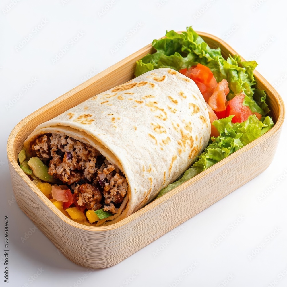 A burrito in a modern bento box setup, clean minimalist design, isolated on white background