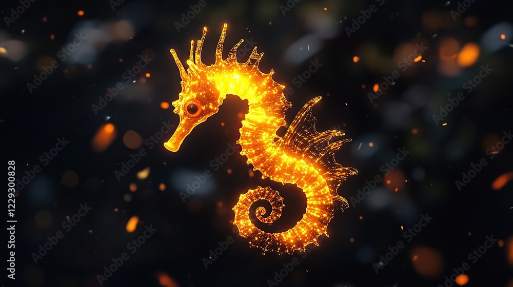 Glowing seahorse, sparks, dark background, marine life, design Glowing seahorse, sparks, dark background, marine life, design