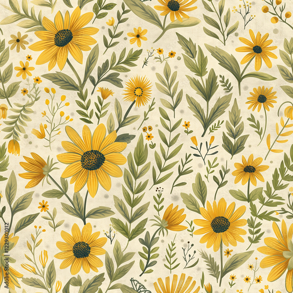 Seamless sunflower pattern with botanical elements on a light background Seamless sunflower pattern with botanical elements on a light background