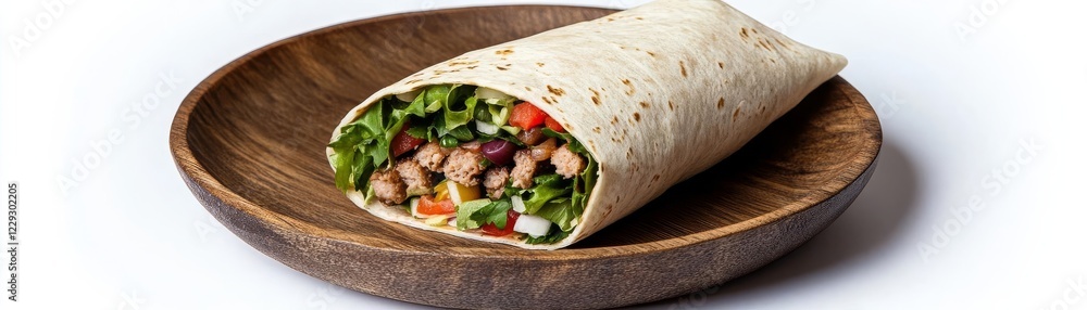 A burrito served in a rustic wooden plate, earthy tones, realistic illustration, isolated on white background A burrito served in a rustic wooden plate, earthy tones, realistic illustration, isolated on white background