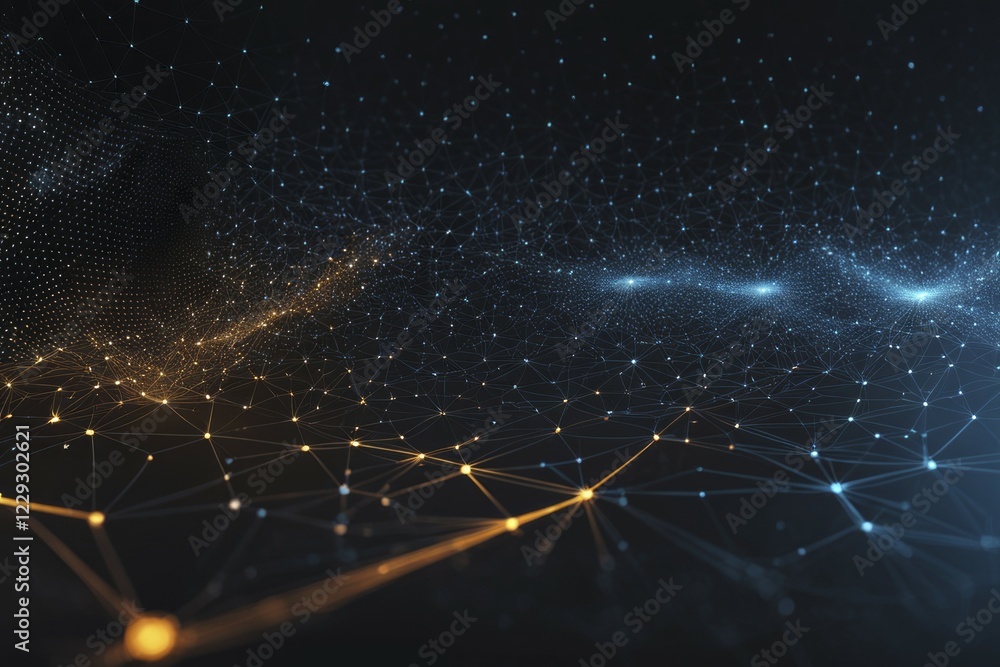 Obraz premium Abstract digital network on a dark background with gold and blue glowing lights and dots connected by lines, Fire Particles, AI generated