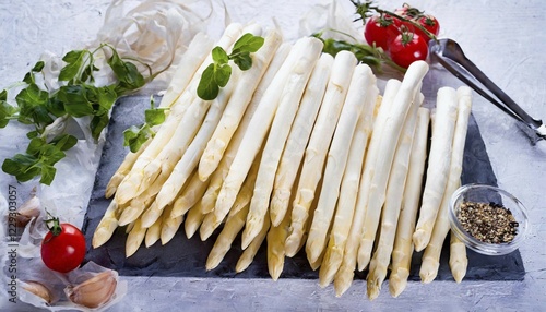 White asparagus served on a dark slate board with tomatoes and garlic, KI generated, AI generated