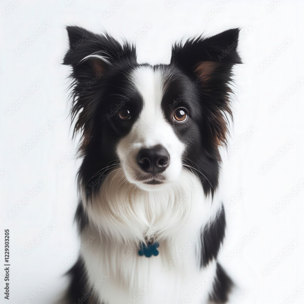 A charming black and white dog gazes directly into the lens, its fluffy ears perked up and a playful expression lighting up its face. The pristine white background enhances its striking features A charming black and white dog gazes directly into the lens, its fluffy ears perked up and a playful expression lighting up its face. The pristine white background enhances its striking features