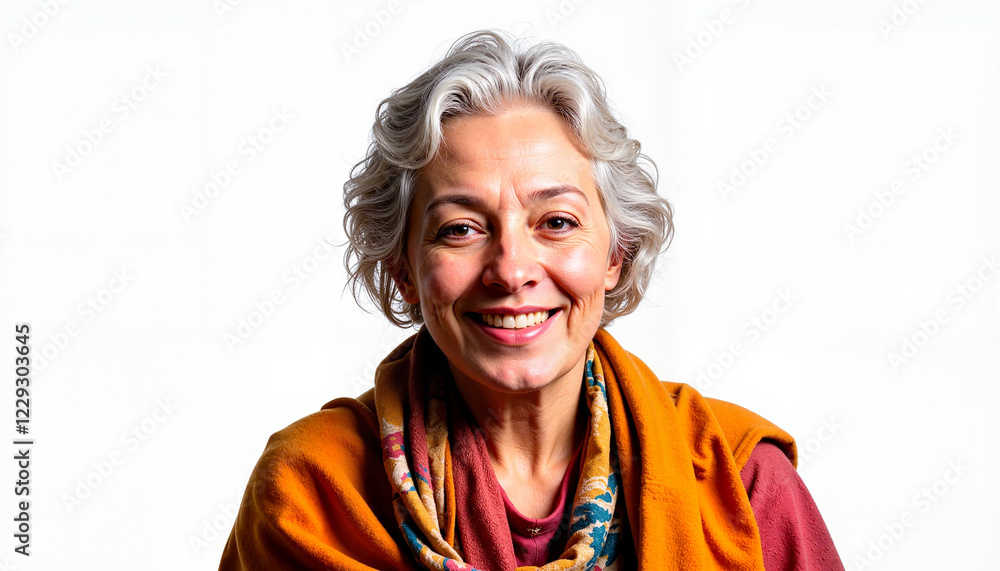 Happy senior woman smiling in warm clothing against white background Happy senior woman smiling in warm clothing against white background