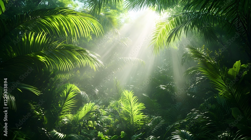 Obraz premium Dense jungle vegetation fills lush tropical rainforest as morning mist and sun rays pierce through canopy. Vibrant green palm fronds and ferns create mystical forest scene with atmospheric fog.