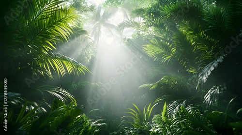 Fototapeta Naklejka Na Ścianę i Meble -  Dense jungle vegetation fills lush tropical rainforest as morning mist and sun rays pierce through canopy. Vibrant green palm fronds and ferns create mystical forest scene with atmospheric fog.