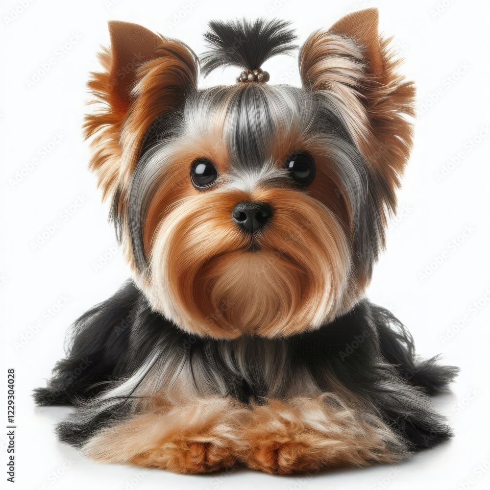 A Yorkshire Terrier lounges serenely on a soft surface, its silky fur glistening under soft light. The dog gazes gently with its expressive eyes, embodying charm and elegance A Yorkshire Terrier lounges serenely on a soft surface, its silky fur glistening under soft light. The dog gazes gently with its expressive eyes, embodying charm and elegance