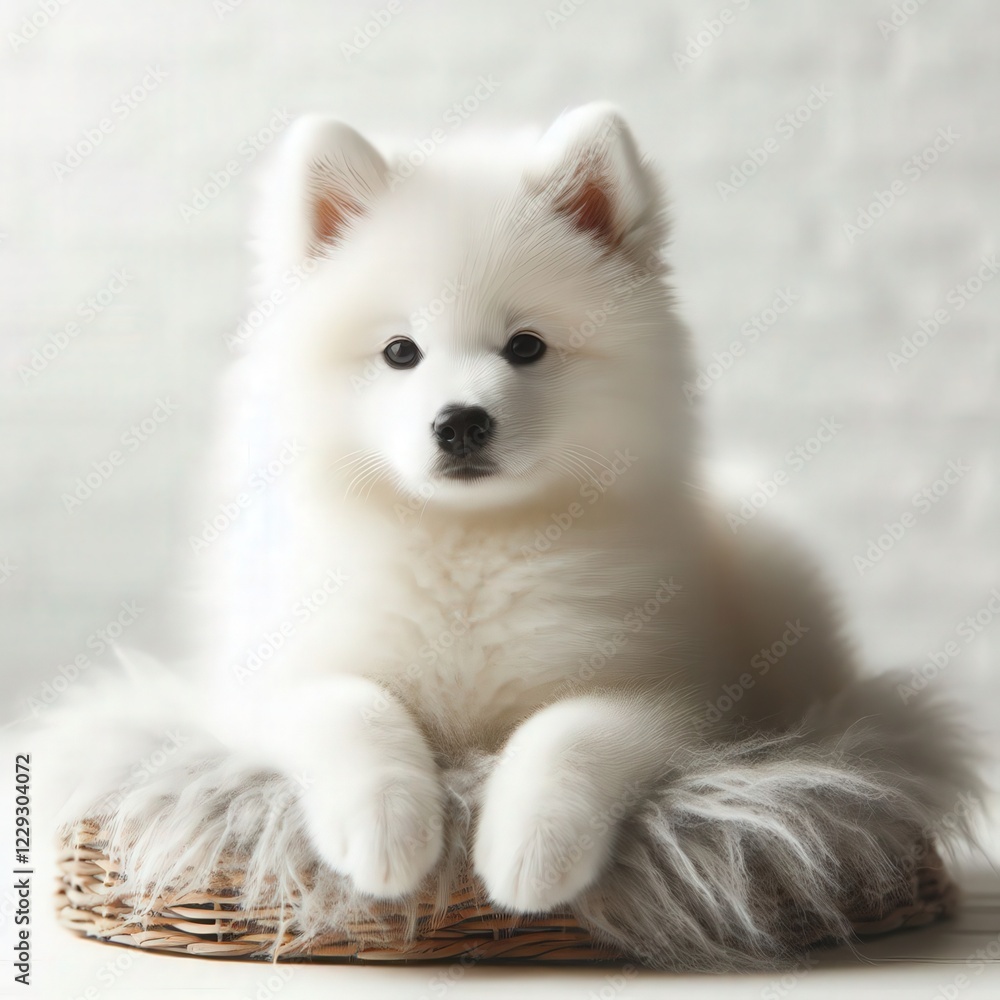 A fluffy Samoyed puppy lounges comfortably on a soft, warm bed, surrounded by gentle natural light that accentuates its bright white fur and playful expression A fluffy Samoyed puppy lounges comfortably on a soft, warm bed, surrounded by gentle natural light that accentuates its bright white fur and playful expression