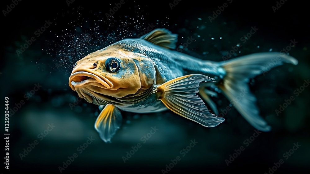 Fototapeta premium A vibrant underwater scene featuring a majestic fish swimming gracefully through bubbles