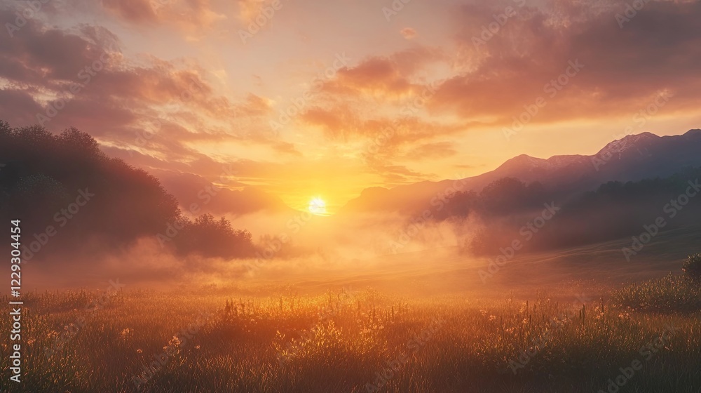A sunrise over a quiet valley with mist rolling over the fields. picture A sunrise over a quiet valley with mist rolling over the fields. picture