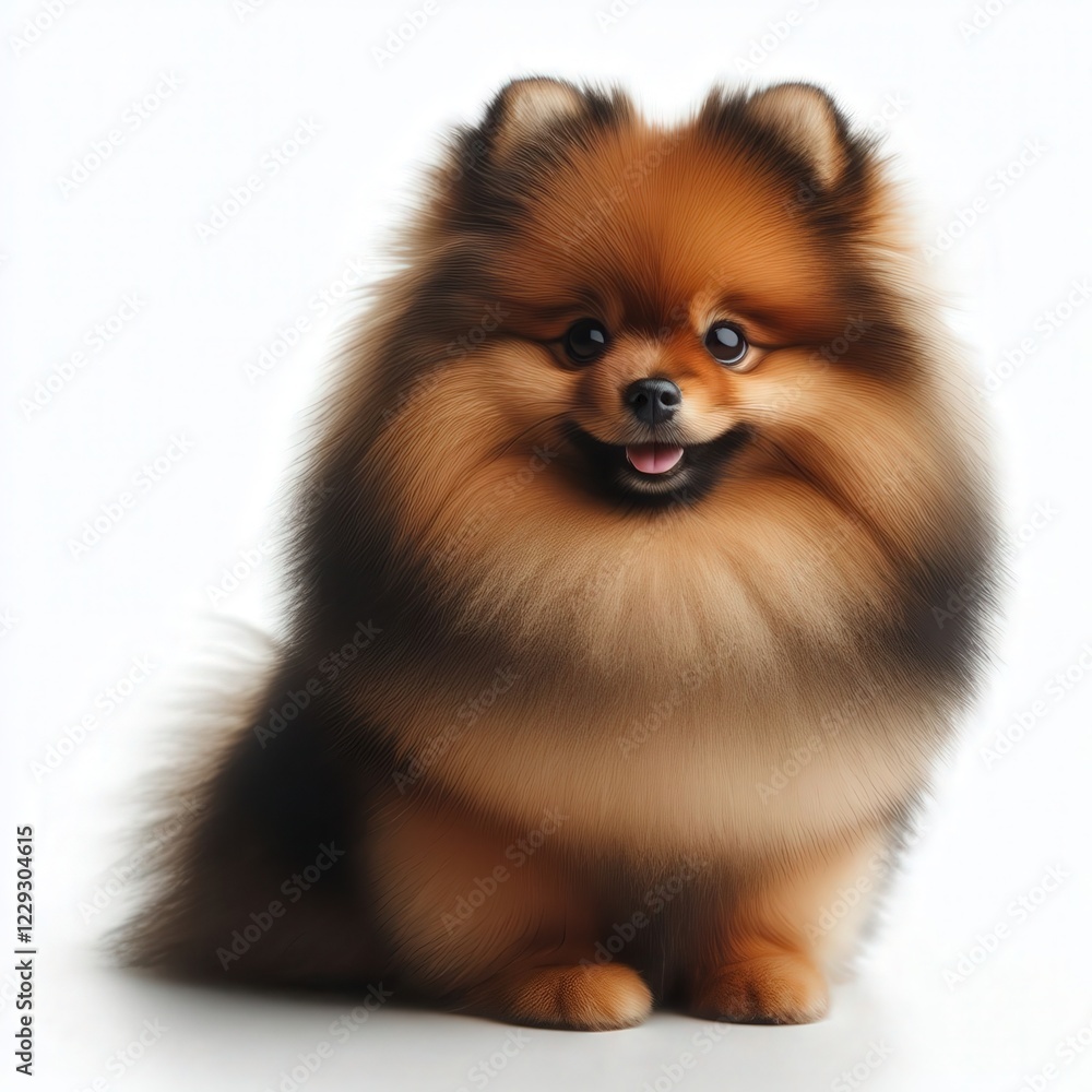 A fluffy Pomeranian dog sits confidently against a clean white backdrop, radiating joy and charm with its bright eyes and playful smile, embodying the essence of companionship and cuteness A fluffy Pomeranian dog sits confidently against a clean white backdrop, radiating joy and charm with its bright eyes and playful smile, embodying the essence of companionship and cuteness