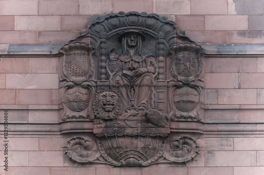 Fototapeta premium Seal of the Albert Ludwig University of Freiburg, built 1905-1907, Freiburg, Baden-Württemberg, Germany, Europe