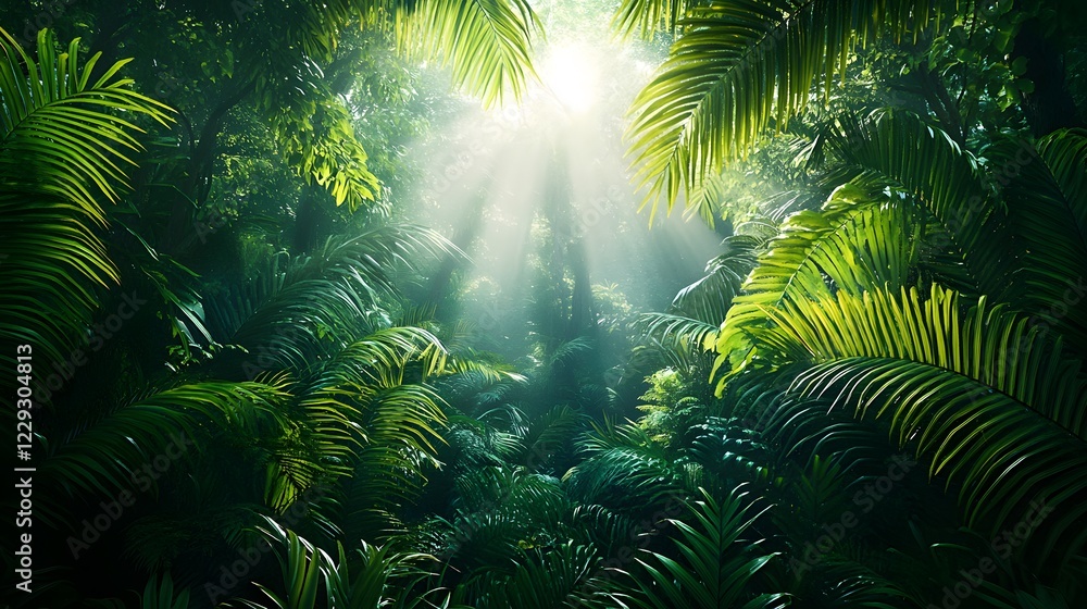 Dense jungle vegetation fills lush tropical rainforest as morning mist and sun rays pierce through canopy. Vibrant green palm fronds and ferns create mystical forest scene with atmospheric fog. Dense jungle vegetation fills lush tropical rainforest as morning mist and sun rays pierce through canopy. Vibrant green palm fronds and ferns create mystical forest scene with atmospheric fog.
