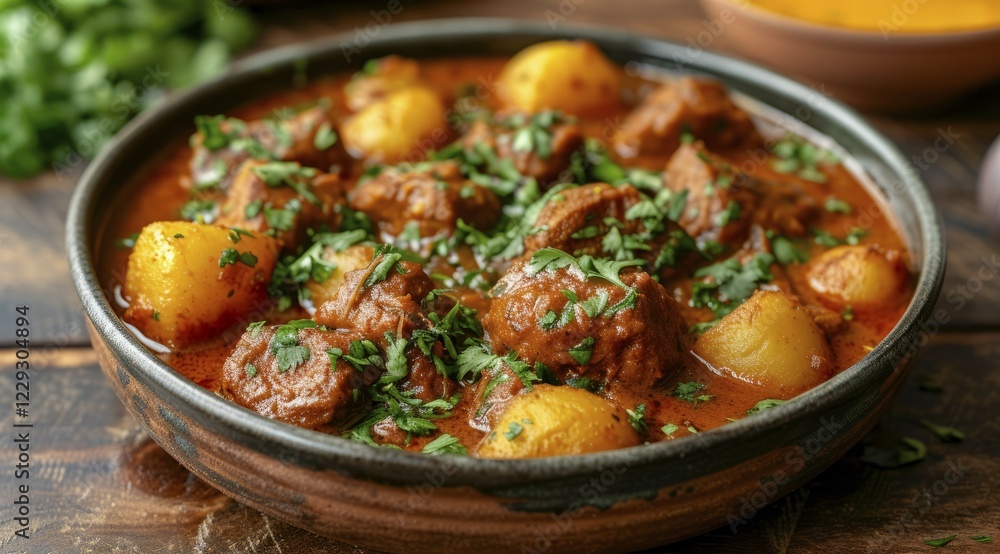 Kashmiri mutton stew with potatoes and coriander in a rustic ceramic bowl, AI generated Kashmiri mutton stew with potatoes and coriander in a rustic ceramic bowl, AI generated