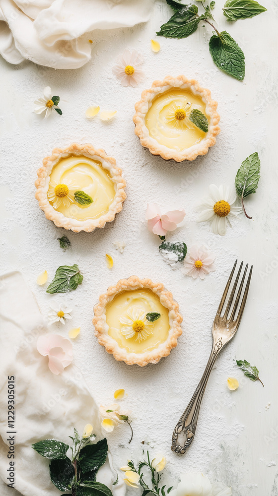 Elegant Lemon Tartlets with Edible Flowers and Mint on White Background Elegant Lemon Tartlets with Edible Flowers and Mint on White Background