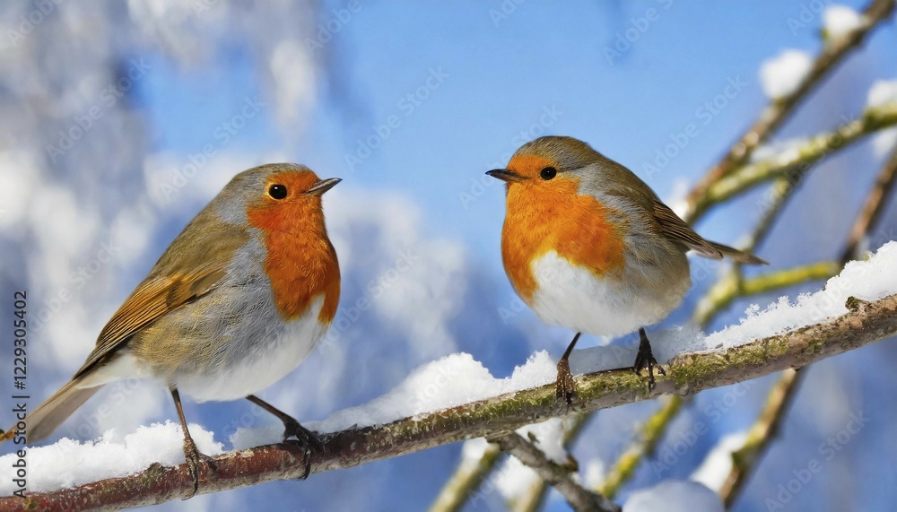 KI generated, animal, animals, bird, birds, biotope, habitat, two, pair, foraging, wildlife, robin in winter, snow, ice, (Erithacus rubecula), flycatcher KI generated, animal, animals, bird, birds, biotope, habitat, two, pair, foraging, wildlife, robin in winter, snow, ice, (Erithacus rubecula), flycatcher