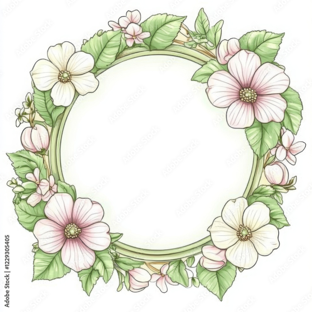 Fototapeta premium Floral frame design with pink and white flowers and green leaves