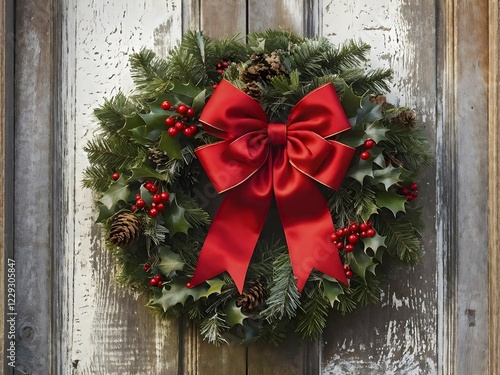 Classic holiday wreath with frosted holly leaves hanging on a rustic wooden door, AI generated photo