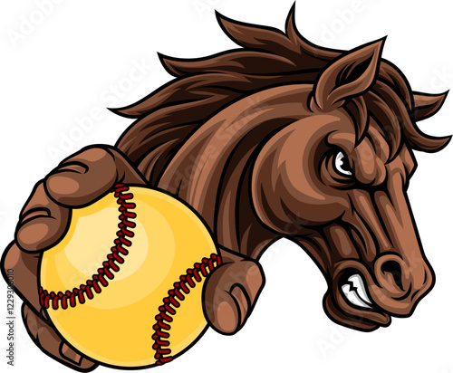 Horse mustang bronco stallion baseball softball angry sports team mascot holding a ball.