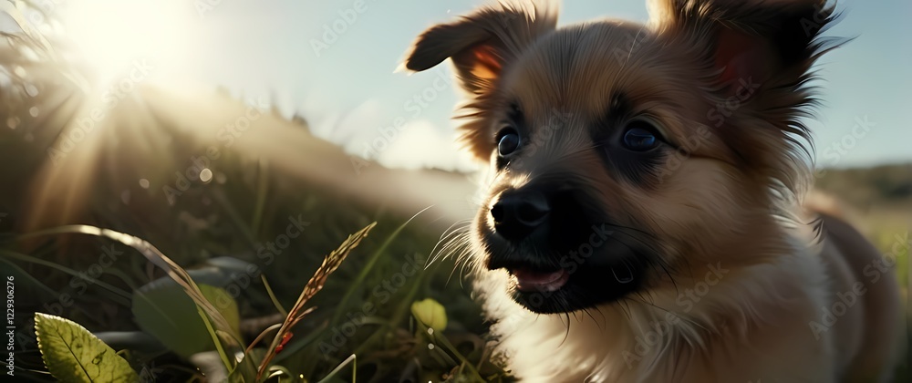 Obraz premium A close up of a fluffy puppy gleefully discovering the joys of nature on a sunny day