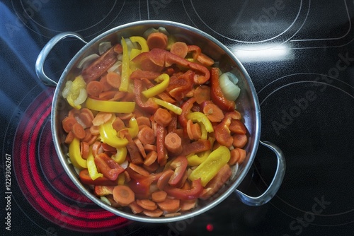 Vegetable pan on a red-hot cooktop