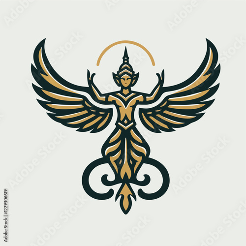 Garuda, Thai Mythology: Majestic Garuda, a mythical bird-like creature from Thai mythology, depicted in elegant line art with gold and dark teal accents.