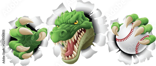 A crocodile, dinosaur or alligator lizard sports mascot holding a baseball ball