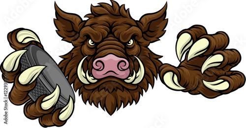 A wild boar, hog razorback warthog pig hockey sports cartoon mascot