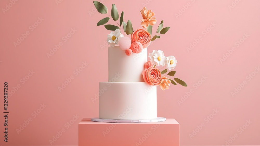 Elegant Minimalist Two-Tier Cake Decoration with Flowers on Soft Pink Background Elegant Minimalist Two-Tier Cake Decoration with Flowers on Soft Pink Background